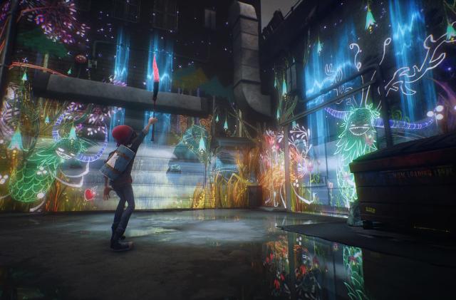 Screenshot of PlayStation game ‘Concrete Genie.’ A boy holds a magical brush high over his head. In the background, abandoned buildings with glowing neon street art.