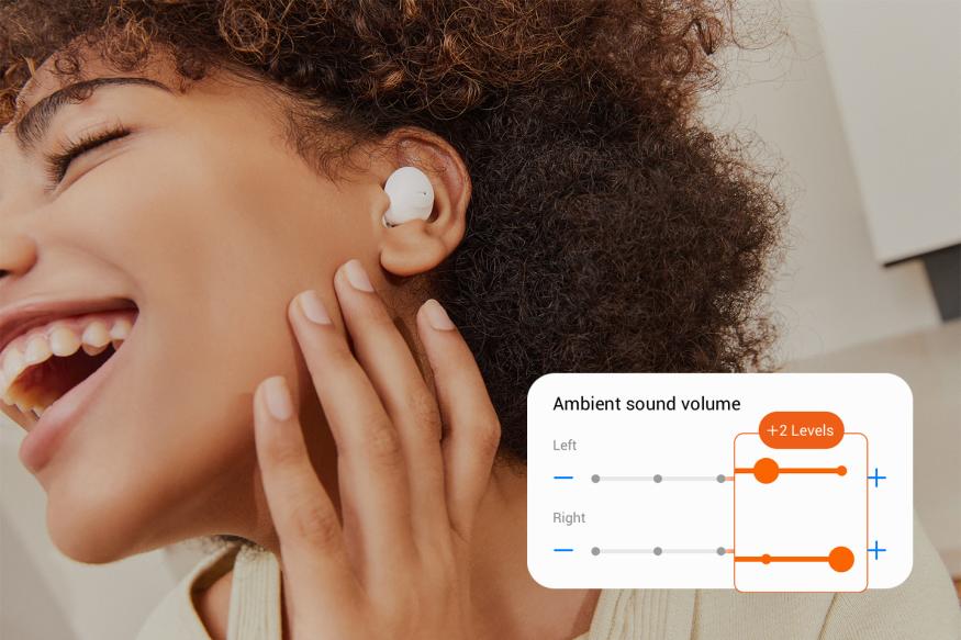 A photo of a person wearing Samsung Galaxy Buds 2 Pro in white with a screenshot of the company's enhanced ambient sound volume controls.