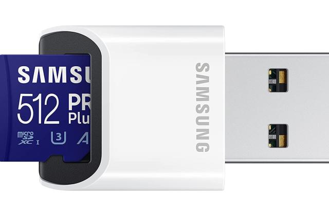 A product photo of 512GB microSDXC Samsung PRO Plus inside a reader.