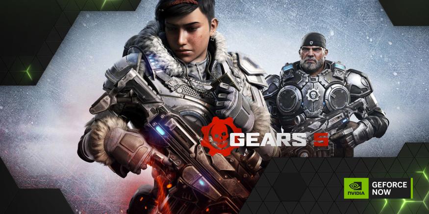 Art from 'Gears 5', which has now dropped 'Of' and 'War' from its title, with the GeForce Now watermark.