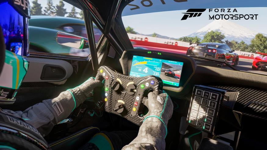 A racing driver wearing a helmet holds a steering wheel during a race in Forza Motorsport.