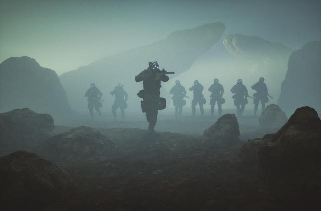 Futuristic soldiers walking over rocky terrain, 3D generated image.