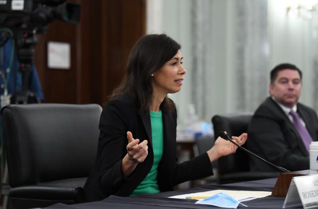 Jessica Rosenworcel testifies before a Senate Commerce, Science, and Transportation committee hearing to examine the Federal Communications Commission on Capitol Hill in Washington, Wednesday, June 24, 2020. (Jonathan Newton/The Washington Post via AP, Pool)