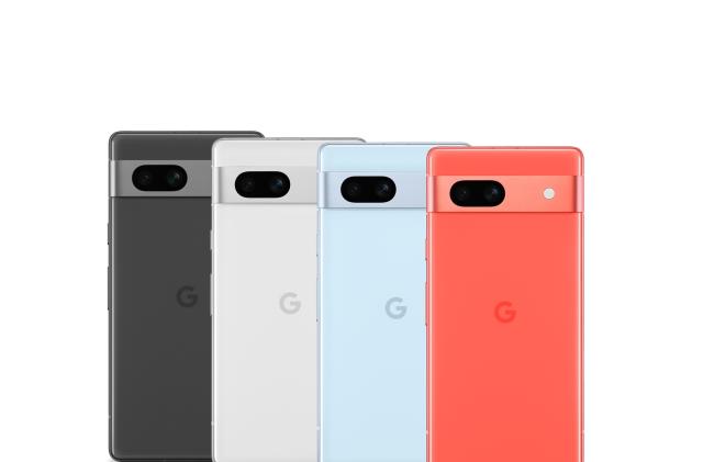 All four colors of Google’s $499 Pixel 7a are shown lined up next to each other.