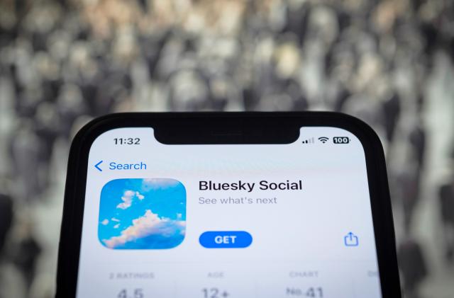 The Bluesky social media app logo is seen on a mobile device in this photo illustration in Warsaw, Poland on 21 April, 2023. Founder Jack Dorsey of twitter has released the Bluesky application on Android. (Photo by Jaap Arriens/NurPhoto via Getty Images)