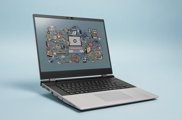 Hero image of the Framework Laptop 16 floating in front of a blue background.