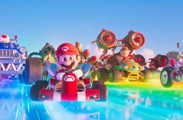 Mario and the team in karts in The Super Mario Bros. Movie