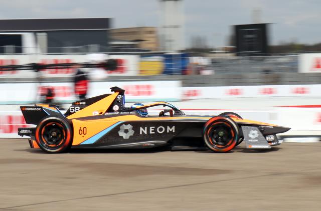 BERLIN, GERMANY - APRIL 23: Rene Rast - NEOM McLaren Formula E Team, NISSAN e-4ORCE 04 on track during the Formula E 2023 Sabic Berlin E-Prix - Round 8 on April 23, 2023 in Berlin, Germany. (Photo by Norbert Nickels ATPImages/Getty Images)