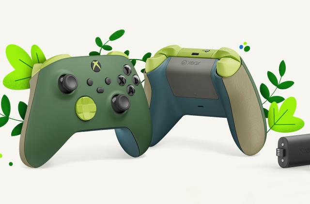 Microsoft marketing image of two Xbox Wireless Controller – Remix Special Editions. The one on the left shows the controller's front, while the back is on the right. Digital art of plants sprouting from the gamepads. An Xbox rechargeable battery pack is on the lower right.