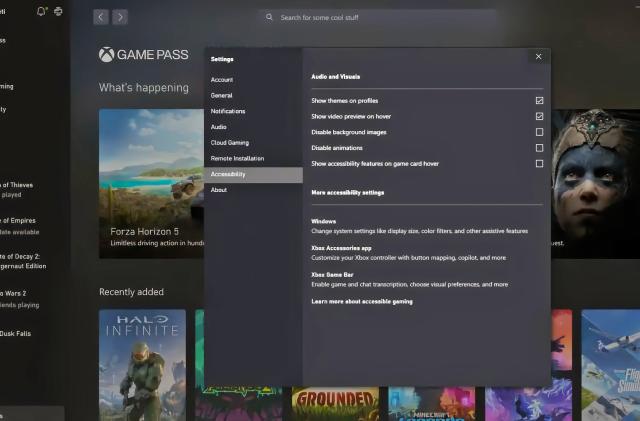 Screenshot from the Xbox PC app, showing a list of accessibility features (in a black window) overlaying the store's collections of Game Pass titles.