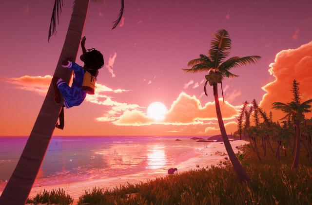 A young girl climbs a palm tree as the sun sets over the ocean in Tchia.