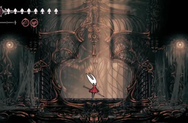 A screen grab from 'Hollow Knight: Silksong" showing main character Hornet. 