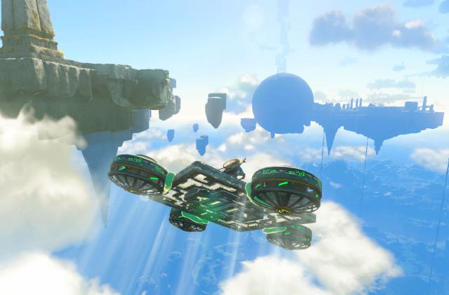 Link soars across the floating islands above Hyrule on a huge, square hovercraft with four wind-powered engines.