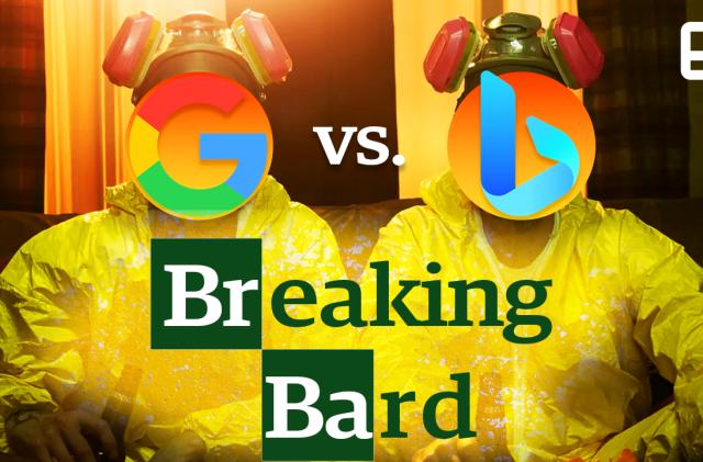 A graphic featuring the logos of Google and Bing on top of two characters in yellow hazmat suits, and the words "Breaking Bard" in the same font as the TV show "Breaking Bad."