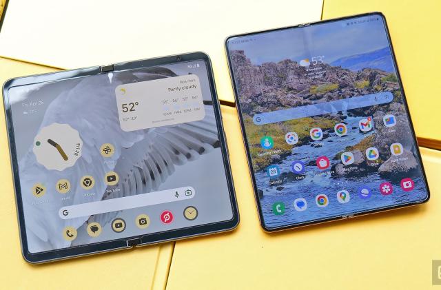 The Pixel Fold's interior display compared to the Samsung Galaxy Z Fold 4. 