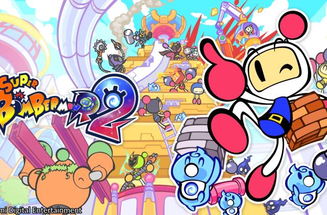 Konami artwork for the upcoming "Super Bomberman R 2" video game, showing the lead character winking and pointing in front of a chaotic landscape of characters and bombs.