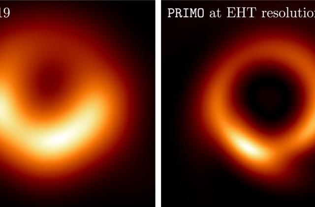 The original image of a black hole (left), showing a fuzzy orange donut-like shape among the blackness of space. On the right (in an updated image based on machine learning), a thinner orange ring surrounds a larger black center.