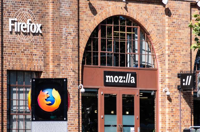 August 21, 2019 San Francisco / CA / USA - Mozilla office building, displaying the Firefox logo and symbol and the stylized company name ( moz://a ); Mozilla is a free software community