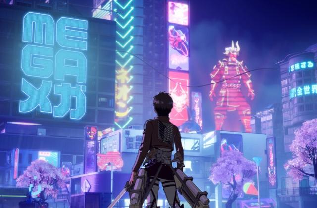 A Fortnite character wearing an Eren Yeager outfit is shown from behind. In the background, a futuristic "Neo-Tokyo" cityscape is shown, including a large neon sign that reads "Mega."