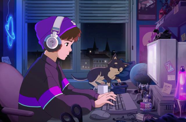 An still from the animated background for the Lofi Girl's new Synthwave channel, showing Lofi Boy sitting at a computer at night, with his small dog next to him in the window sill.