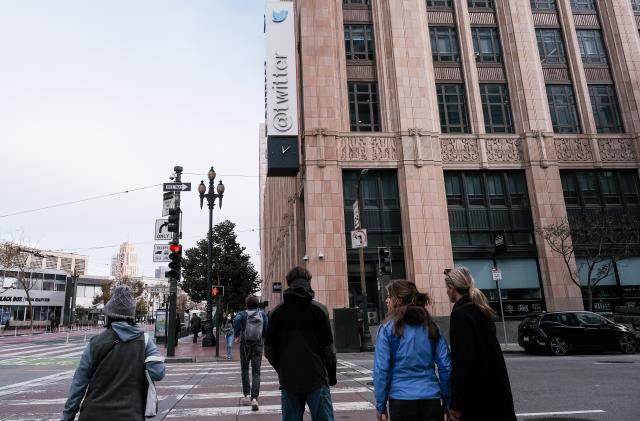 SAN FRANCISCO, CA - NOVEMBER 04: Twitter headquarters stands on the intersection of Market Street and 10th Street on November 4, 2022 in San Francisco, California. Twitter Inc reportedly began laying off employees across its departments on Friday as new owner Elon Musk is reportedly looking to cut around half of the company's workforce. (Photo by David Odisho/Getty Images)