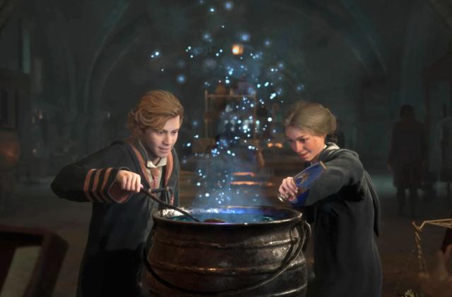 A screenshot from 'Hogwarts Legacy' depicting two wizards stirring a large cauldron. 