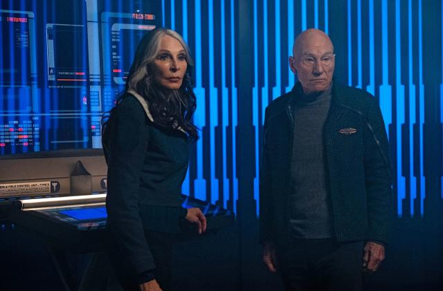 Patrick Stewart as Picard and Gates McFadden as Dr. Beverly Crusher in "Dominion" Episode 307, Star Trek: Picard on Paramount+.  