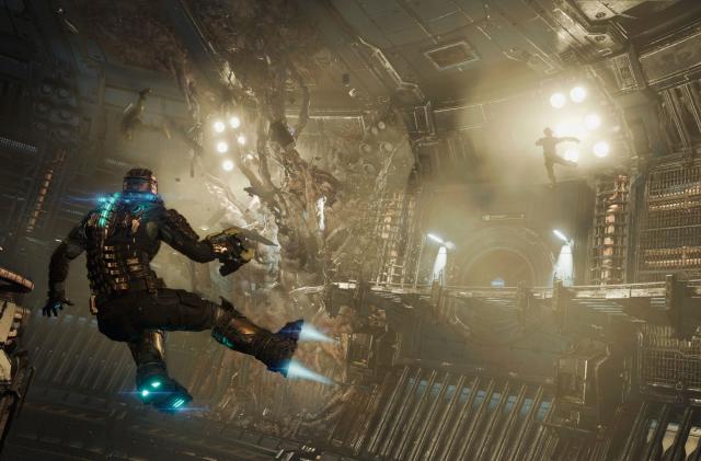 Isaac Clarke, the protagonist of Dead Space, floats through Zero-G amid a sea of gruesome looking tentacles.