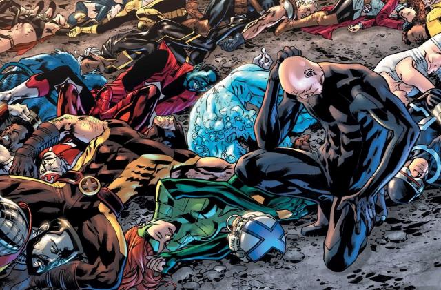 Panel from the Marvel comic "Fall of X." A bald man in a black suit kneels with his head down (mourning) as a pile of X-Men bodies lay around him.