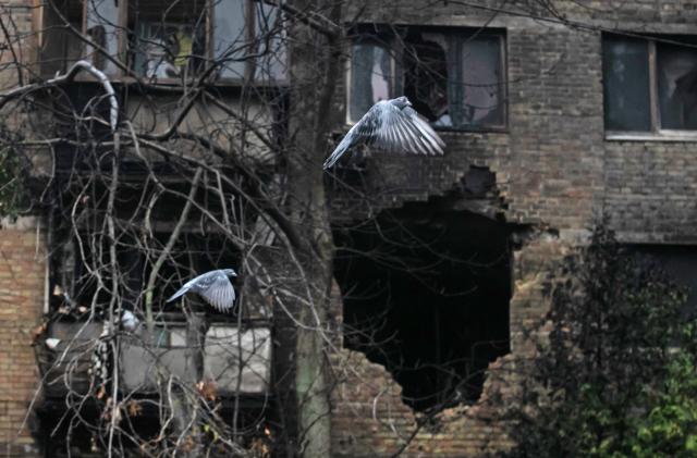 Two pigeons fly away into the air with a collapsing brick facade behind them.