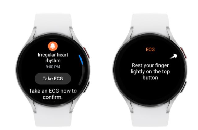 Screenshots of an irregular heart rhythm notification on a Samsung Galaxy Watch. The first one reads "Irregular heart rhythm. 9PM. Take ECG. Take an ECG now to confirm." The other screenshot reads "ECG. Rest your finger lightly on the top button" with an arrow pointing to the button.