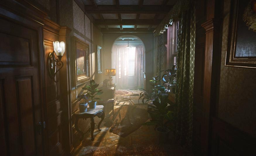 A screenshot from the video game 'Layers of Fear' showing a creepy hallway at dusk with light streaming through a window at the end of it.