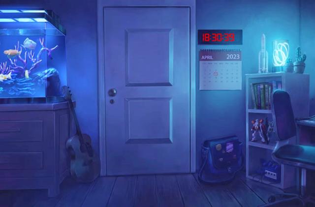 Screenshot of the mysterious blue Lofi Girl room from YouTube showing the interior with a closed door, a fish tank and a digital countdown clock on the wall.