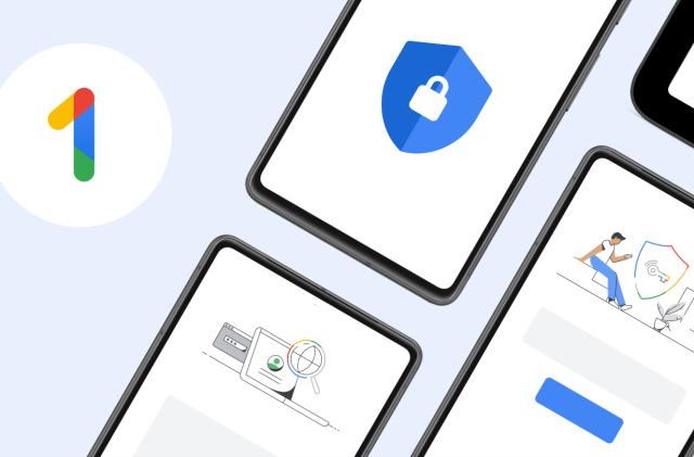 Google One illustration featuring smartphone screens with security symbols and a laptop search doodle.