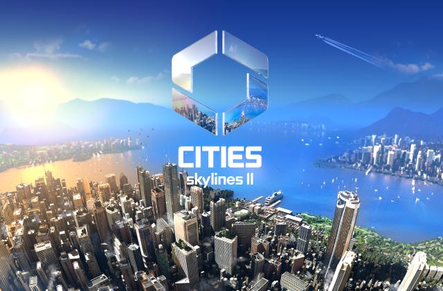 The Cities: Skylines II logo rises above a sprawling waterfront city, with additional buildings dotting the lands in the background.