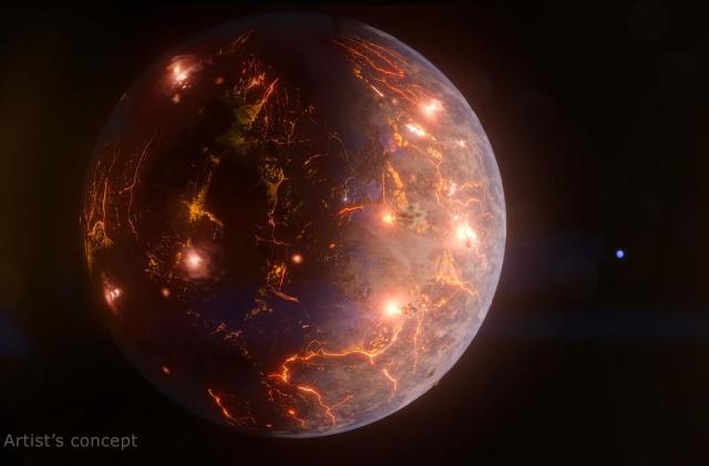 Artist rendering of LP 791-18 d, a planet blanketed by volcanoes.