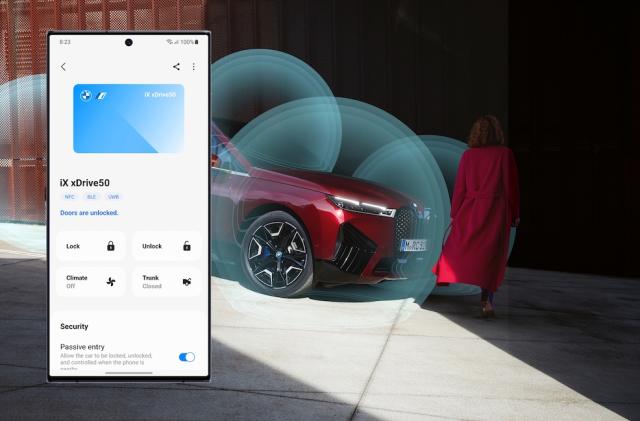 A digital key to lock and unlock a red BMW, among other features. A BMW and woman are in the background. 