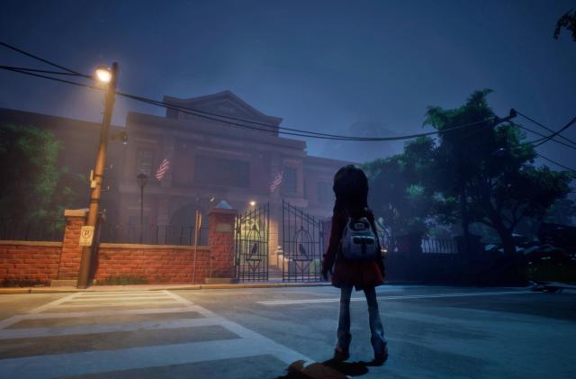 A young girl wearing a backpack is shown from behind as she looks at a dimly-lit school in this image from the video game 'Gylt'.