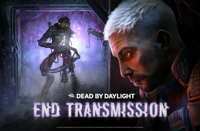 Key art for Dead by Daylight's End Transmission chapter, featuring a creature that's "a monstrous amalgamation of restructured organic matter and machine parts" and the face of a human character.