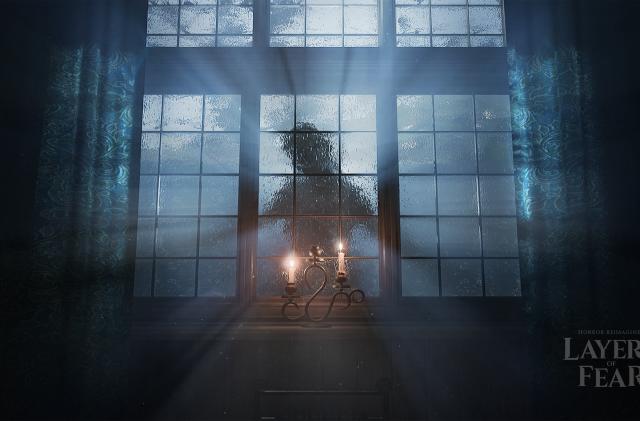 A screenshot of 'Layers of Fear' showing a ghostly apparition at a window. 