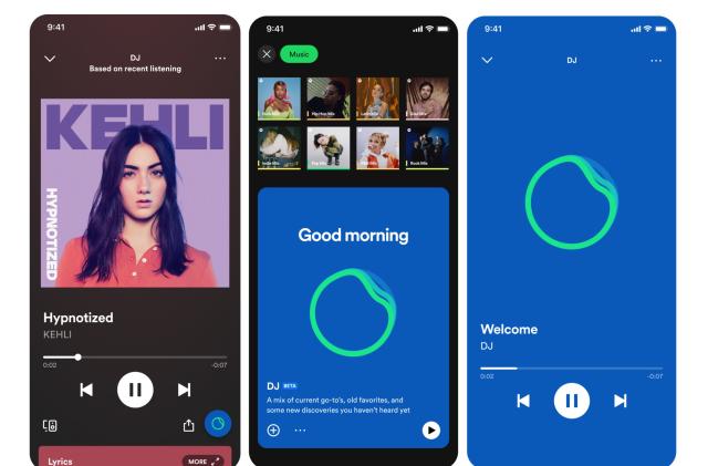 Screenshots of Spotify's AI DJ, built for its mobile app.