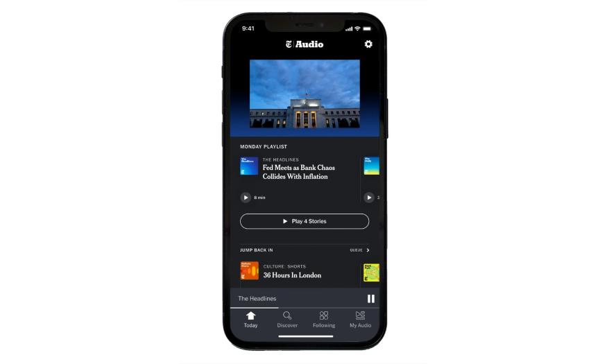 The NYT Audio shown on an iPhone against a white background. 