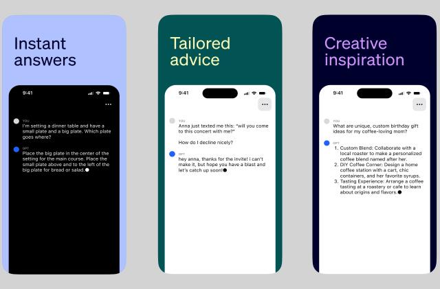 Three App Store screenshots for OpenAI's ChatGPT app. They're titled (left to right): Instant answers, Tailored advice and Creative inspiration.