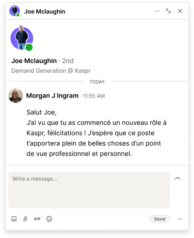 Exemple de message LinkedIn lorsque le contact a changé de poste - Kaspr