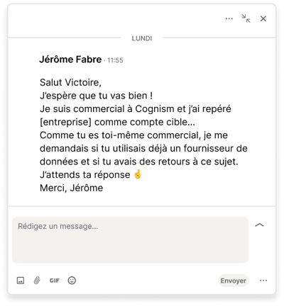 Exemple de message LinkedIn pour rechercher des informations - Kaspr