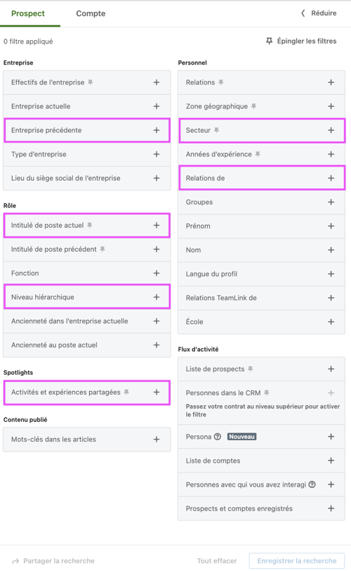 Sales Navigator filtres pour prospection