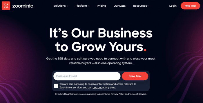 Screenshot of ZoomInfo website.