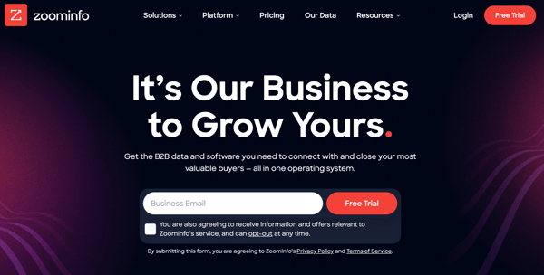 Screenshot of ZoomInfo website